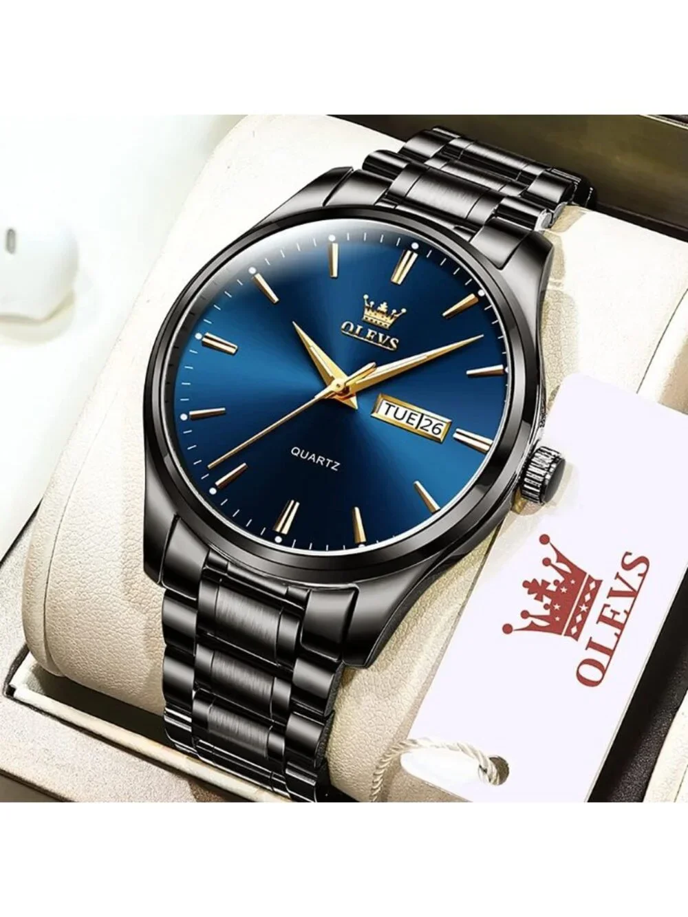 Men's Black Blue Analog Quartz Stainless Steel Luxury Luminous Waterproof Watch